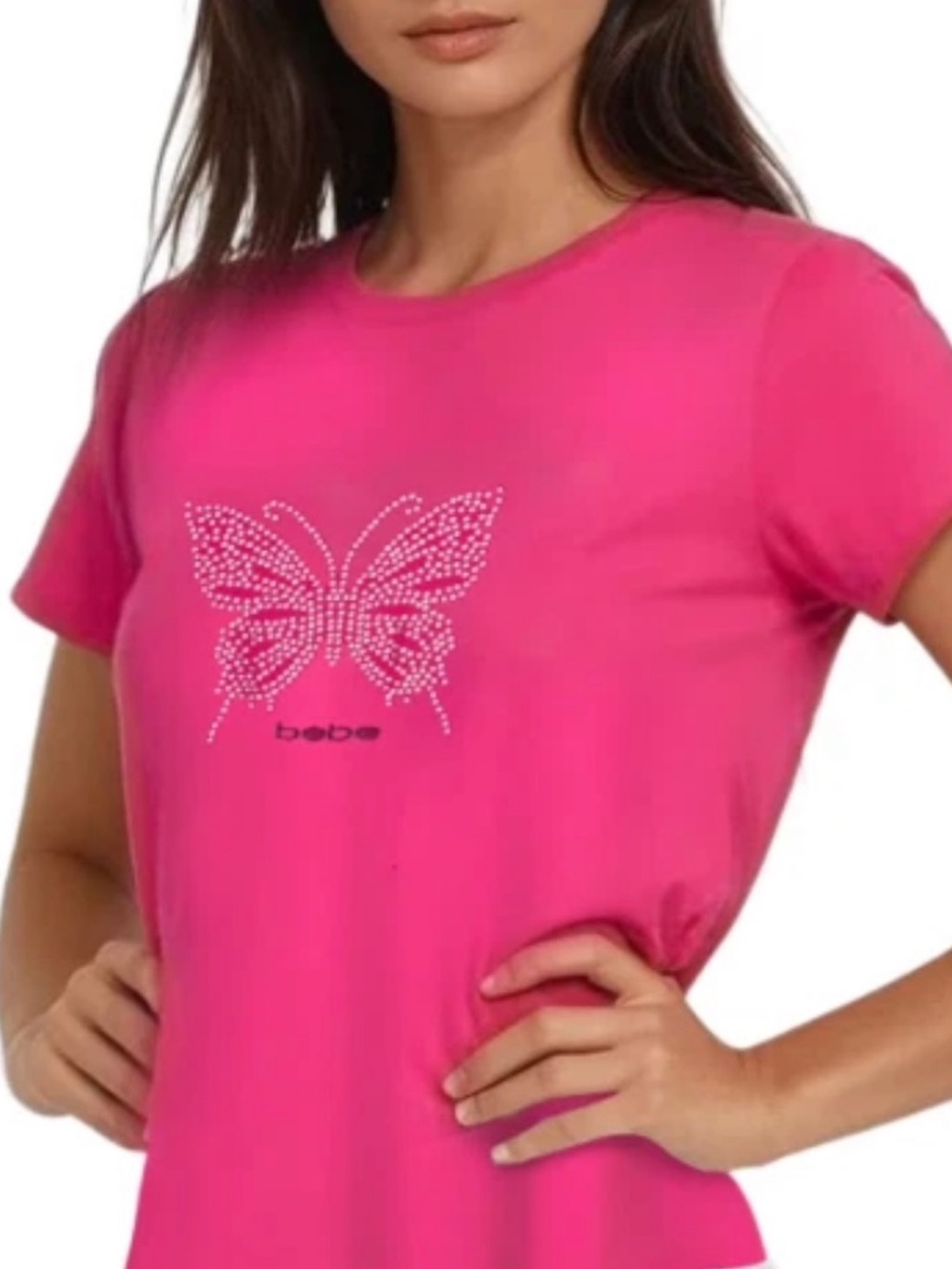 bebe NWT S Women's Hot Pink Butterfly Rhinestone CAP SLEEVE SOFT RAYON Tee